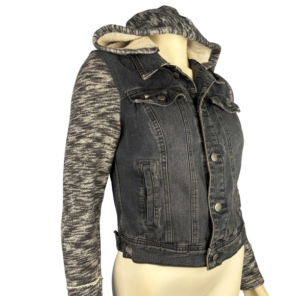 Free People Jacket Small Denim Retro 90s Grunge Distressed Sweatshirt Hoodie - Picture 4 of 11